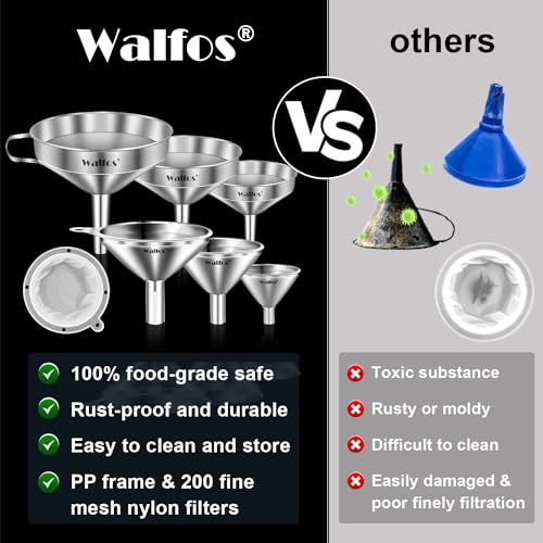 Walfos Stainless Steel Funnel, Walfos 6 Different Sizes of Kitchen funnels with 2 Removable Strainer ＆ 1Pcs Cleaning Brush, 200 Mesh Food Filter Strainer,for Transferring of Liquid, Oils, Jam, Powder - Image 5