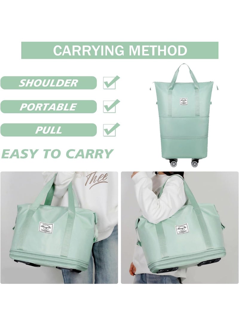 Rolling Duffle Bag, Expandable Foldable Carry On Luggage with Wheels, Large Weekend Bag (Green) - Image 2