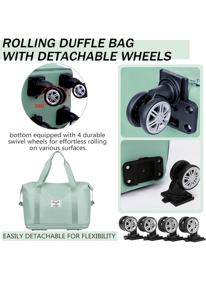 Rolling Duffle Bag, Expandable Foldable Carry On Luggage with Wheels, Large Weekend Bag (Green) - Image 3
