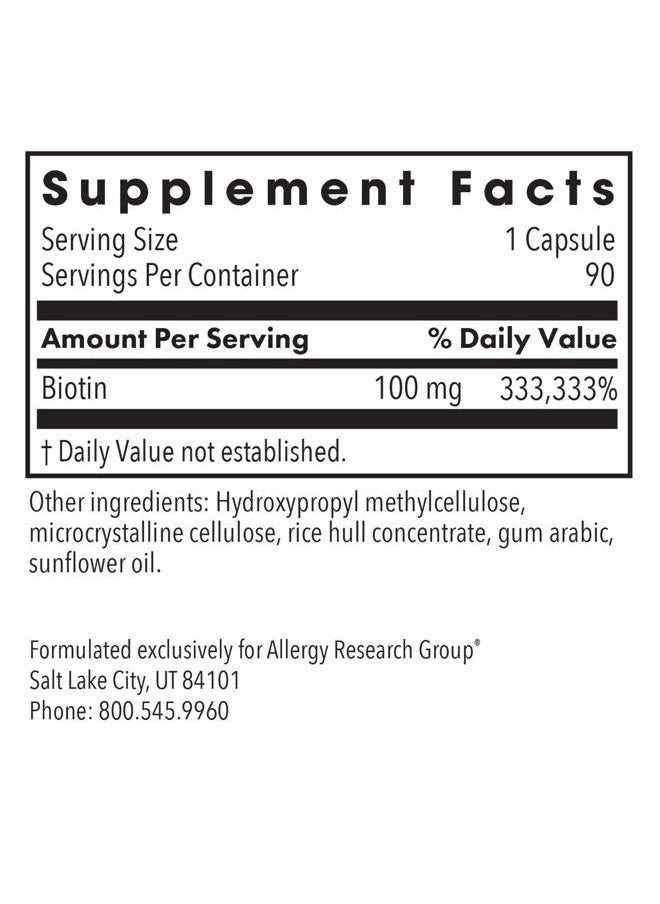 Allergy Research Group - HiBiotin Supplement - Extra Strength Biotin Pills, 100,000mcg Biotin, High Dose Biotin, Vegetarian Capsules, Hypoallergenic, Gluten Free - 90 Count - Image 1