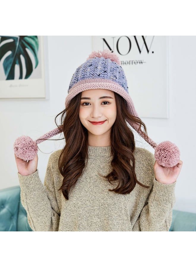 Huamulan Women Winter Peruvian Cover Ears Beanie Hat Ear Flaps Sherpa Ski Snow Hats Knit Fleece Lined 3 Pom Pom, M8259-huise, One size - Image 3