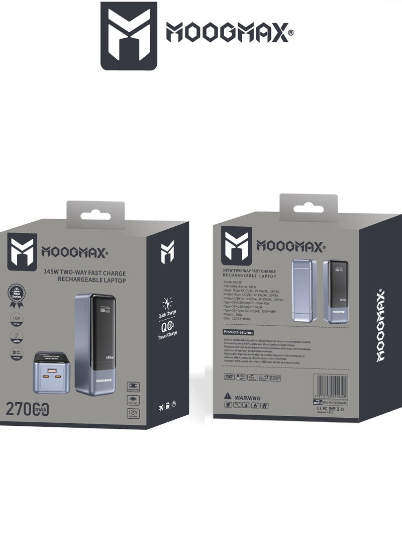 27,000mAh Portable power bank 145W, with a smart display, two Type-C ports and a USB port. supports super fast charging. Suitable for charging laptops and phones. Compatible with Apple, and most other