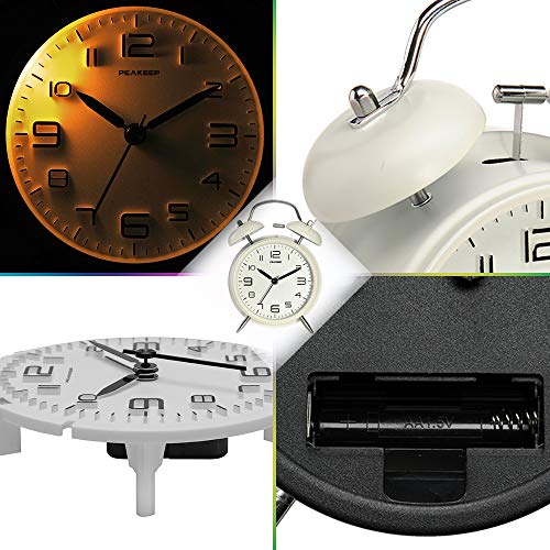 Peakeep 4 Inches Twin Bell Loud Alarm Clock for Heavy Sleepers, Backlight, Battery Operated Old Fashioned Alarm Clock for Bedrooms (3D-Dial, White) - Image 2