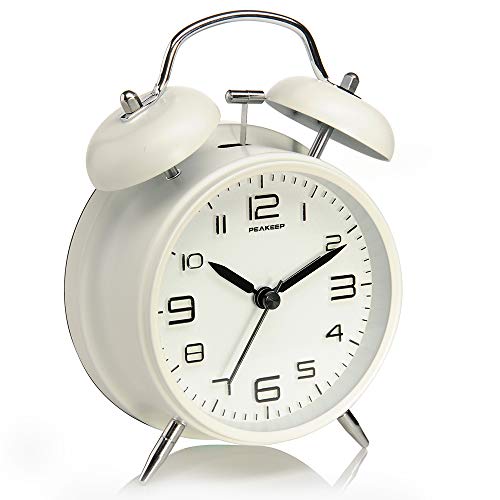 Peakeep 4 Inches Twin Bell Loud Alarm Clock for Heavy Sleepers, Backlight, Battery Operated Old Fashioned Alarm Clock for Bedrooms (3D-Dial, White) - Image 1