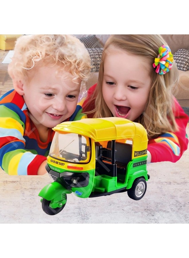 PLUSPOINT Auto Rickshaw Toy,with Pull Back Action City Traffic Vehicles Public Transport Toy with Light and Sound for Aged 3 4 5 6 Boys and Girls,Kids Party Favors Gifts (Auto Rickshaw) (Black) - Image 3