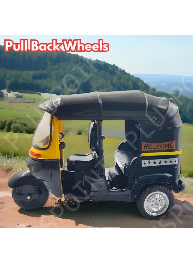 PLUSPOINT Auto Rickshaw Toy,with Pull Back Action City Traffic Vehicles Public Transport Toy with Light and Sound for Aged 3 4 5 6 Boys and Girls,Kids Party Favors Gifts (Auto Rickshaw) (Black) - Image 1