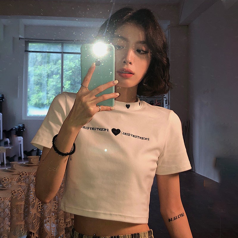 Short T-Shirt for Women 2025 Summer New Korean Style Slim Fit Embroidered Trendy Student Short-Sleeve Top Women's Fashion - Image 4