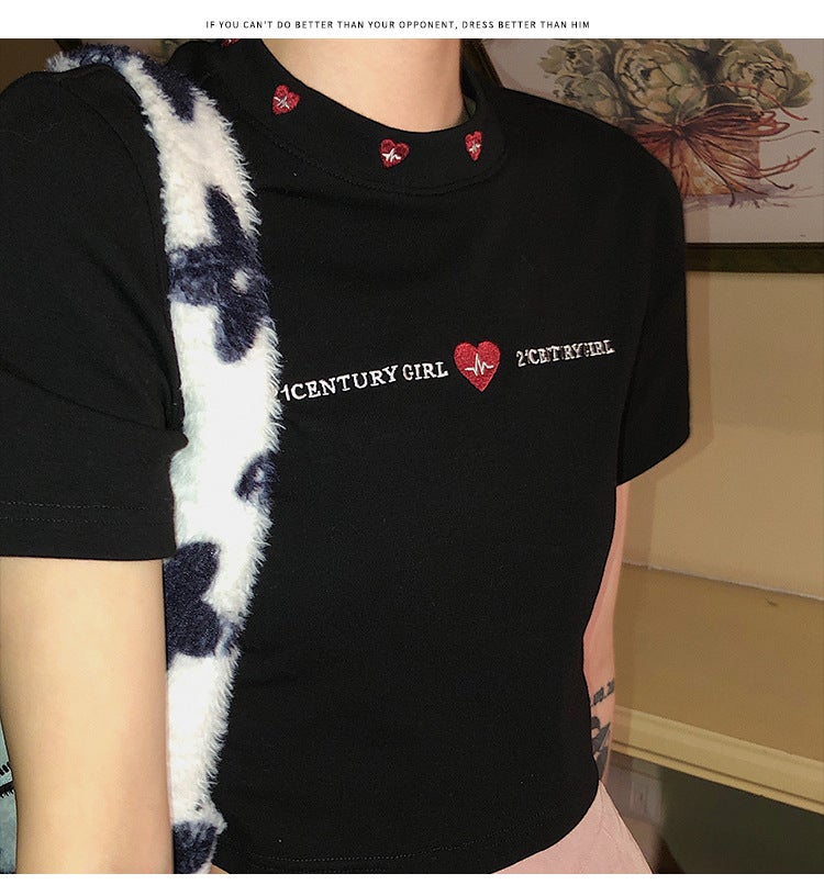 Short T-Shirt for Women 2025 Summer New Korean Style Slim Fit Embroidered Trendy Student Short-Sleeve Top Women's Fashion - Image 3