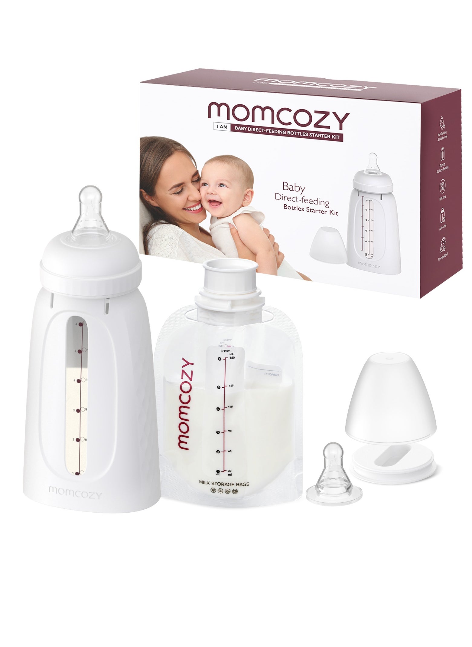 Momcozy مجموعة زجاجات الأطفال للاستعمال مرة واحدة، أكياس تخزين حليب الثدي خالية من الغسيل ومضادة للتسرب ولا يمكن نقلها للتجميد والتسخين والتغذية المباشرة 