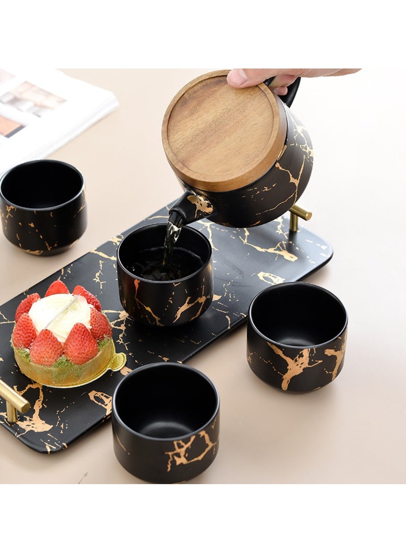 BERAM Ceramic Teapot Set Teapot 4 Cups and Tray Stylish Gold Marble Design Porcelain Tea Sets Scratch Resistant Decorative Tea Set with Gift Packaging Tea Party Set Black and Gold - Image 2