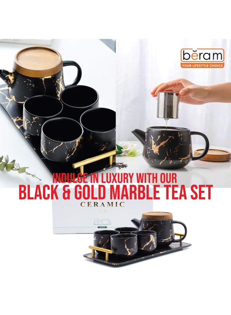 BERAM Ceramic Teapot Set Teapot 4 Cups and Tray Stylish Gold Marble Design Porcelain Tea Sets Scratch Resistant Decorative Tea Set with Gift Packaging Tea Party Set Black and Gold - Image 4