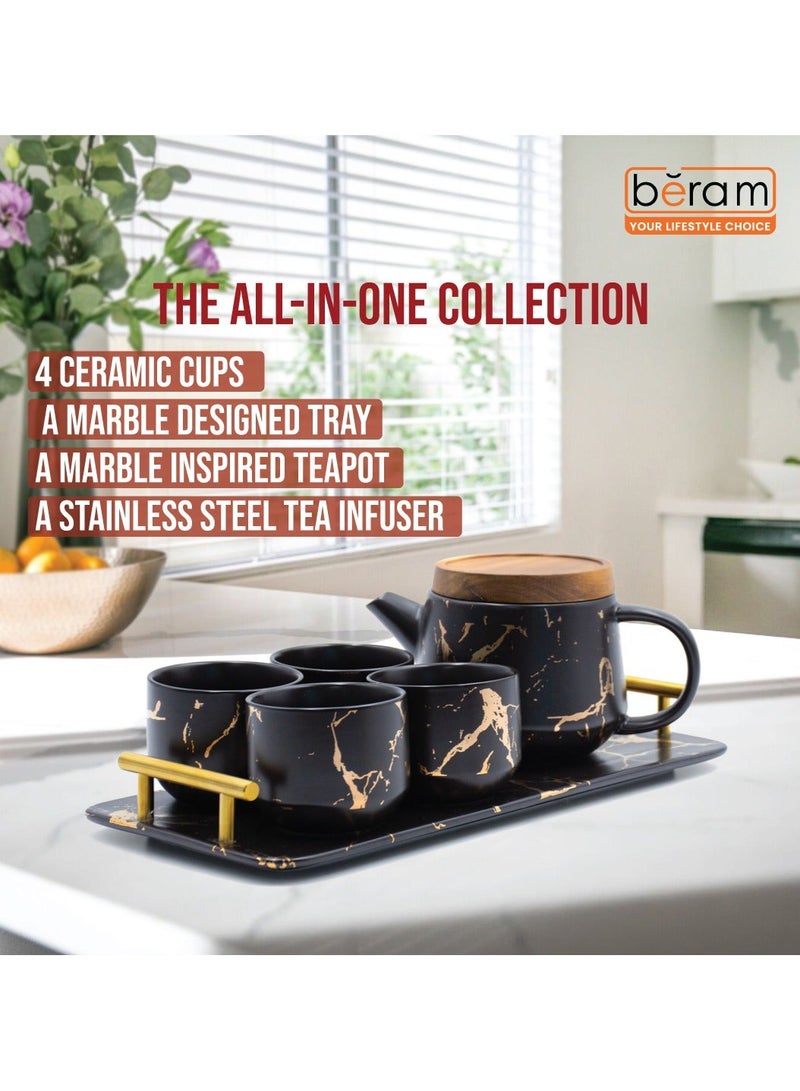 BERAM Ceramic Teapot Set Teapot 4 Cups and Tray Stylish Gold Marble Design Porcelain Tea Sets Scratch Resistant Decorative Tea Set with Gift Packaging Tea Party Set Black and Gold - Image 4