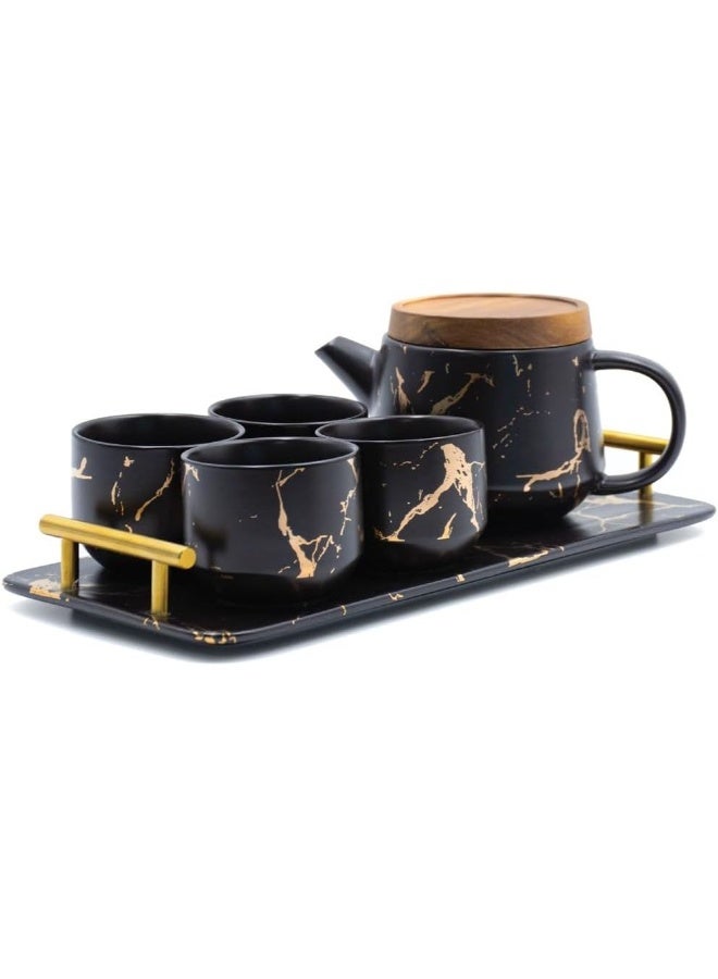 BERAM Ceramic Teapot Set Teapot 4 Cups and Tray Stylish Gold Marble Design Porcelain Tea Sets Scratch Resistant Decorative Tea Set with Gift Packaging Tea Party Set Black and Gold - Image 1