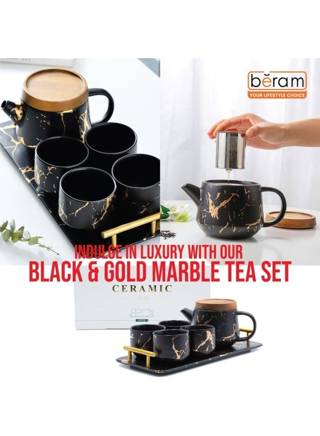 BERAM Ceramic Teapot Set Teapot 4 Cups and Tray Stylish Gold Marble Design Porcelain Tea Sets Scratch Resistant Decorative Tea Set with Gift Packaging Tea Party Set Black and Gold - Image 2