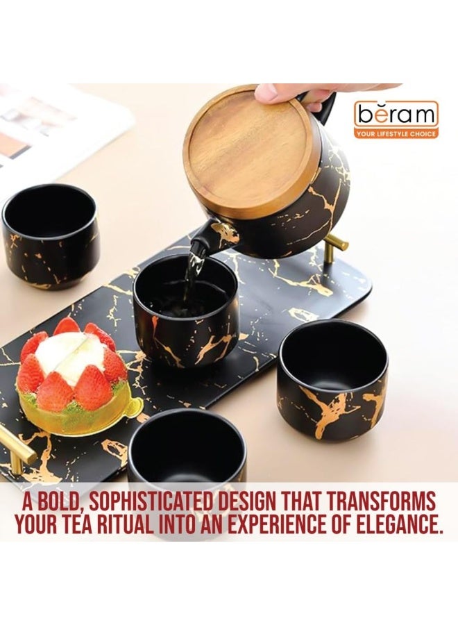 BERAM Ceramic Teapot Set Teapot 4 Cups and Tray Stylish Gold Marble Design Porcelain Tea Sets Scratch Resistant Decorative Tea Set with Gift Packaging Tea Party Set Black and Gold - Image 3