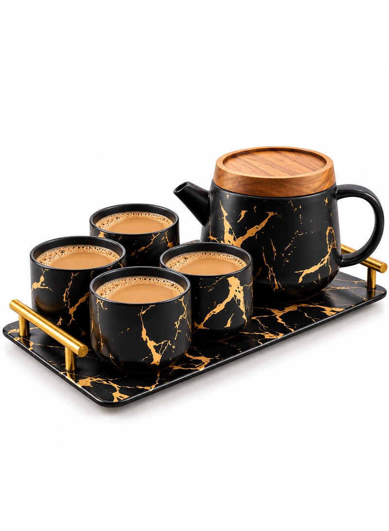 BERAM Ceramic Teapot Set Teapot 4 Cups and Tray Stylish Gold Marble Design Porcelain Tea Sets Scratch Resistant Decorative Tea Set with Gift Packaging Tea Party Set Black and Gold - Image 1