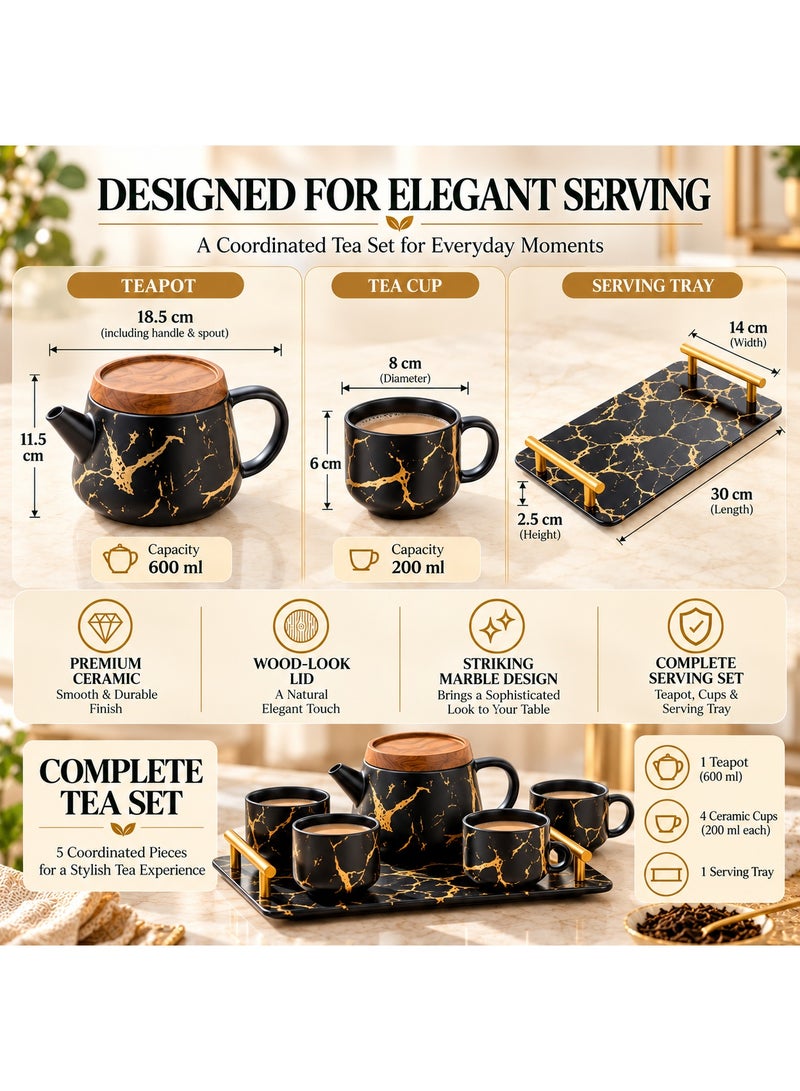BERAM Ceramic Teapot Set Teapot 4 Cups and Tray Stylish Gold Marble Design Porcelain Tea Sets Scratch Resistant Decorative Tea Set with Gift Packaging Tea Party Set Black and Gold - Image 5
