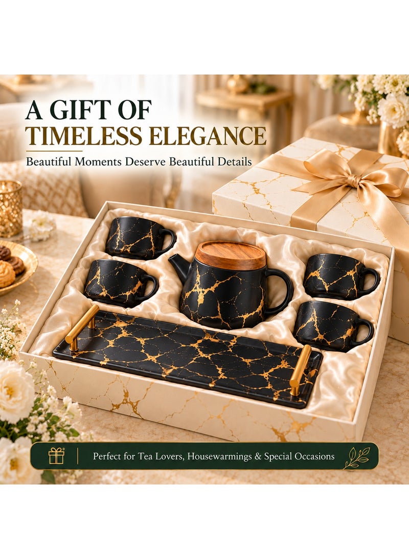 BERAM Ceramic Teapot Set Teapot 4 Cups and Tray Stylish Gold Marble Design Porcelain Tea Sets Scratch Resistant Decorative Tea Set with Gift Packaging Tea Party Set Black and Gold - Image 2
