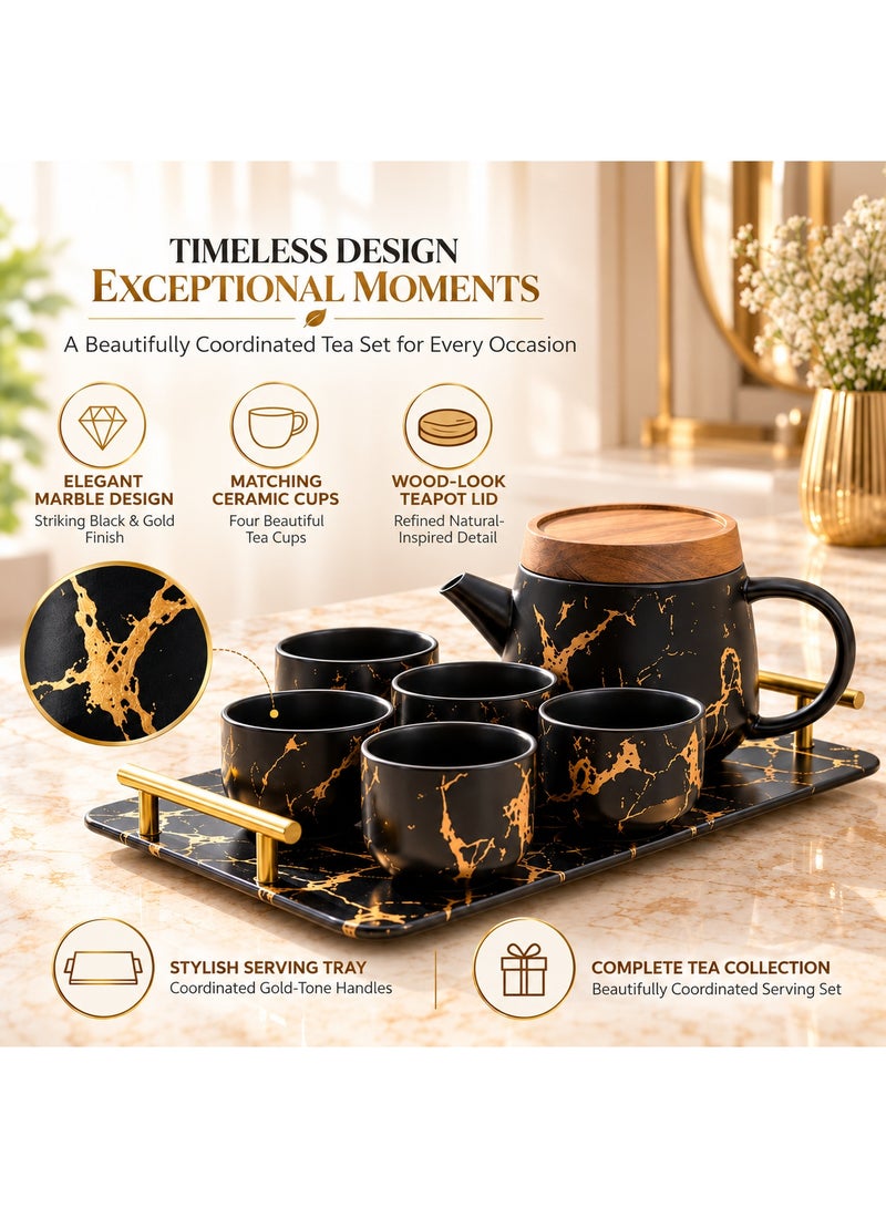 BERAM Ceramic Teapot Set Teapot 4 Cups and Tray Stylish Gold Marble Design Porcelain Tea Sets Scratch Resistant Decorative Tea Set with Gift Packaging Tea Party Set Black and Gold - Image 4