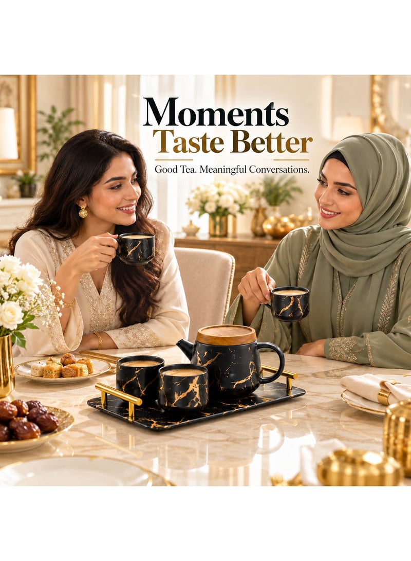 BERAM Ceramic Teapot Set Teapot 4 Cups and Tray Stylish Gold Marble Design Porcelain Tea Sets Scratch Resistant Decorative Tea Set with Gift Packaging Tea Party Set Black and Gold - Image 3