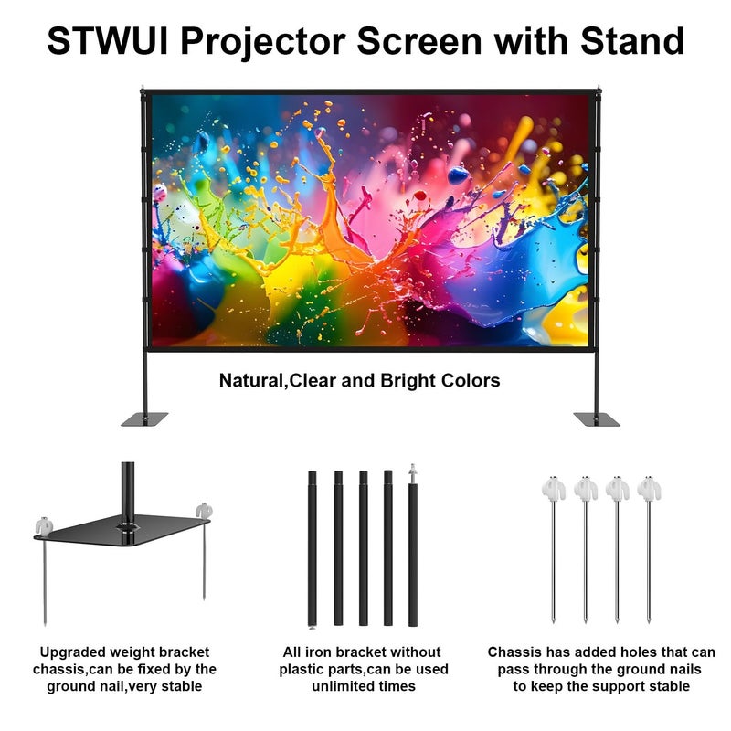 STWUI Outdoor-Projector-Screen-with-Stand - 120 inch Portable Projector Screen Indoor Outdoor Projector Screens 16:9 4K HD Lightweight Movie Screen with Carry Bag for Backyard Movie Night - Image 5