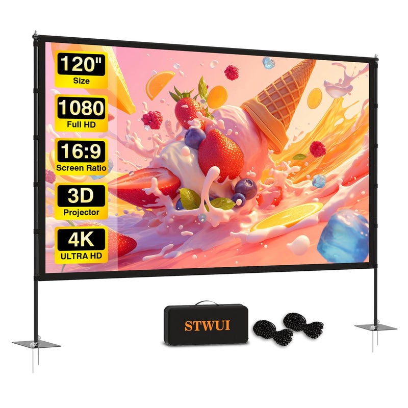 STWUI Outdoor-Projector-Screen-with-Stand - 120 inch Portable Projector Screen Indoor Outdoor Projector Screens 16:9 4K HD Lightweight Movie Screen with Carry Bag for Backyard Movie Night - Image 1