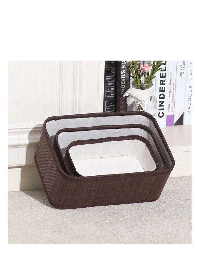 Bamboo Storage Basket Set of 3  with Fabric Liner Rectangleshape  - Brown  - Image 2