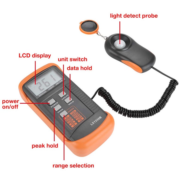klarako Digital Luxmeter, LX1330B Digital Luxmeter LCD Display Light Meter 0-200,000 Lux Testing Illuminometer - Image 4