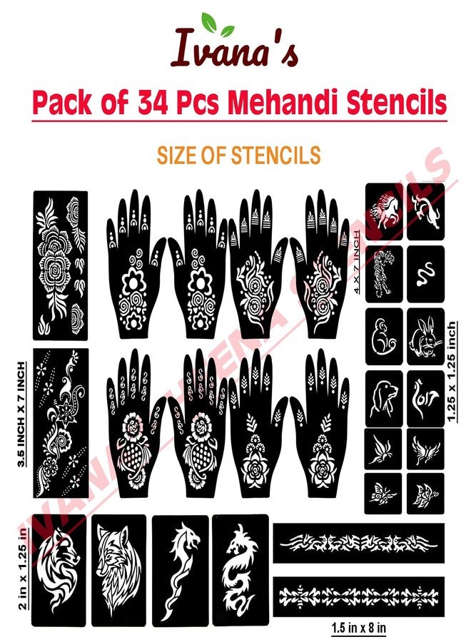 إيفاناز مجموعة إيفانا المكونة من 34 قطعة من قوالب الحناء القابلة لإعادة الاستخدام لليدين والمعصم والجسم والظهر والرقبة والوجه، عبوة كومبو من القوالب للنساء والفتيات والأطفال، سهلة الاستخدام في 4 خطوات فقط، مجموعة تصميم هندي، A2106 - Image 4