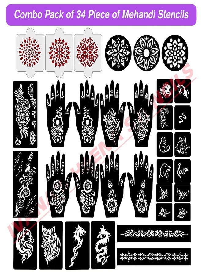 إيفاناز مجموعة إيفانا المكونة من 34 قطعة من قوالب الحناء القابلة لإعادة الاستخدام لليدين والمعصم والجسم والظهر والرقبة والوجه، عبوة كومبو من القوالب للنساء والفتيات والأطفال، سهلة الاستخدام في 4 خطوات فقط، مجموعة تصميم هندي، A2106 - Image 2