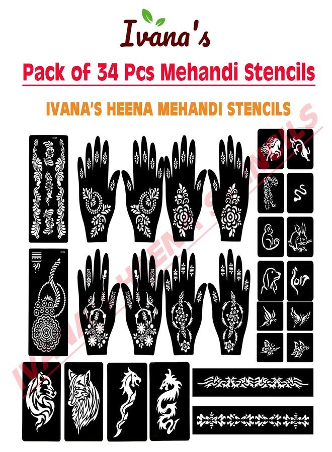 إيفاناز مجموعة إيفانا المكونة من 34 قطعة من قوالب الحناء القابلة لإعادة الاستخدام لليدين والمعصم والجسم والظهر والرقبة والوجه، عبوة كومبو من القوالب للنساء والفتيات والأطفال، سهلة الاستخدام في 4 خطوات فقط، مجموعة تصميم هندي، A2106 - Image 5