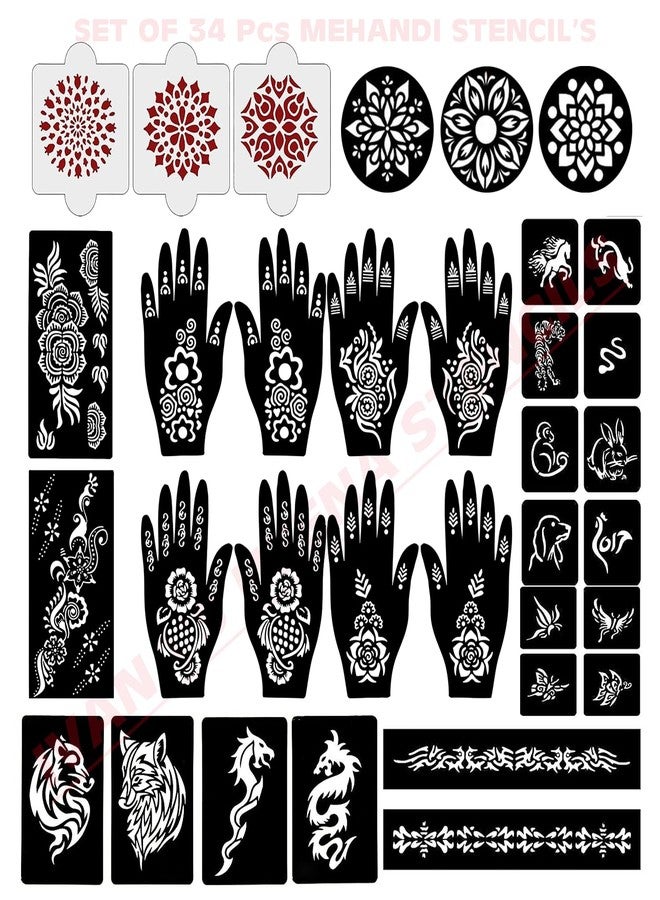 إيفاناز مجموعة إيفانا المكونة من 34 قطعة من قوالب الحناء القابلة لإعادة الاستخدام لليدين والمعصم والجسم والظهر والرقبة والوجه، عبوة كومبو من القوالب للنساء والفتيات والأطفال، سهلة الاستخدام في 4 خطوات فقط، مجموعة تصميم هندي، A2106 - Image 1