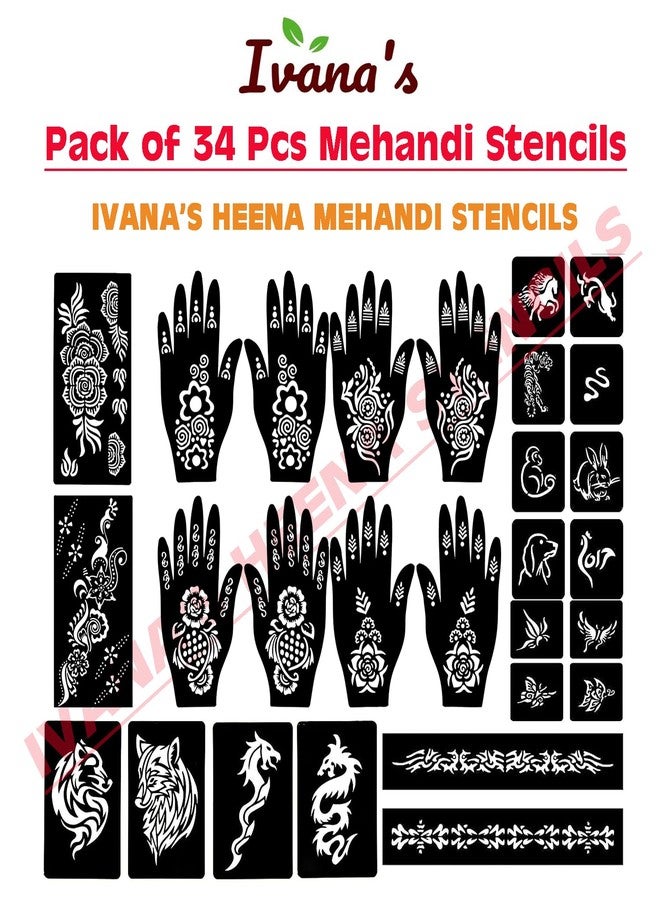 إيفاناز مجموعة إيفانا المكونة من 34 قطعة من قوالب الحناء القابلة لإعادة الاستخدام لليدين والمعصم والجسم والظهر والرقبة والوجه، عبوة كومبو من القوالب للنساء والفتيات والأطفال، سهلة الاستخدام في 4 خطوات فقط، مجموعة تصميم هندي، A2106 - Image 3
