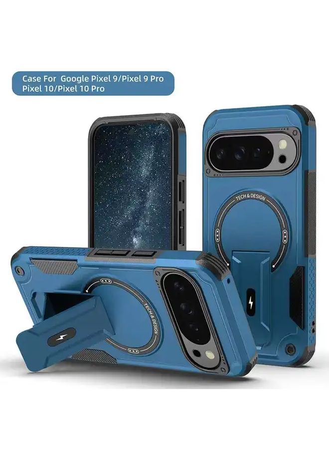 New High End Magnetic Anti Drop Phone Case For Pixel 9 Blue With Invisible Bracket Handsfree Viewing Shockproof Protective Cover Retro Style - Image 4