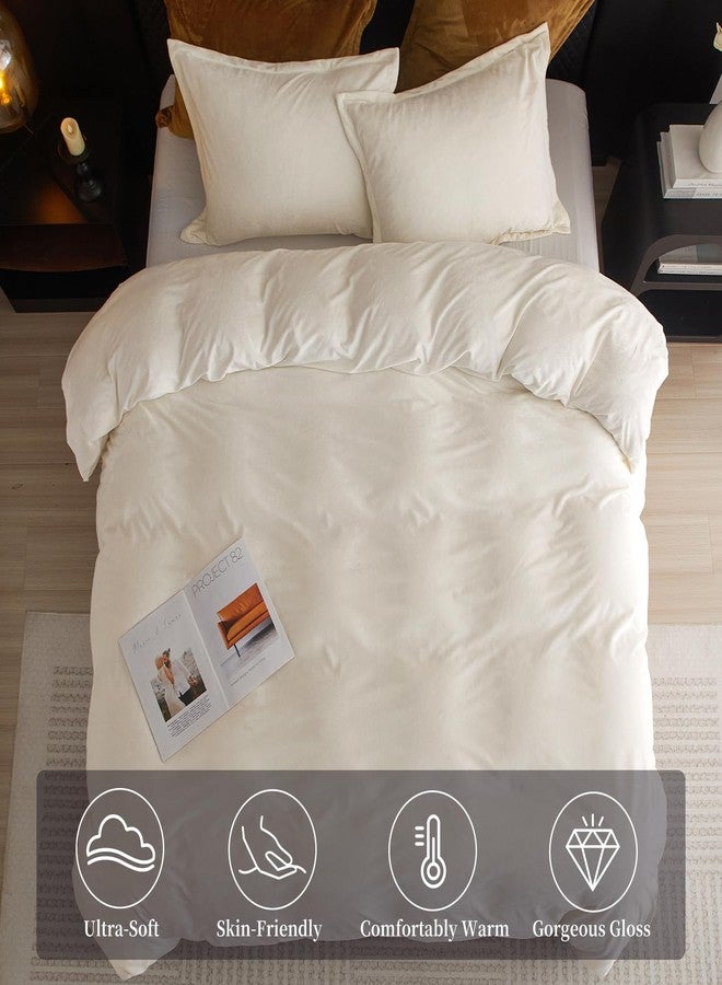 PHF Super Soft Velvet Duvet Cover King Size, 3pcs Luxurious Warm Velour Fluffy Bedding Set with 8 Ties, Cozy Breathable Flannel Comforter Cover with Pillow Shams, Zipper Closure, 104"x90", Cream - Image 2