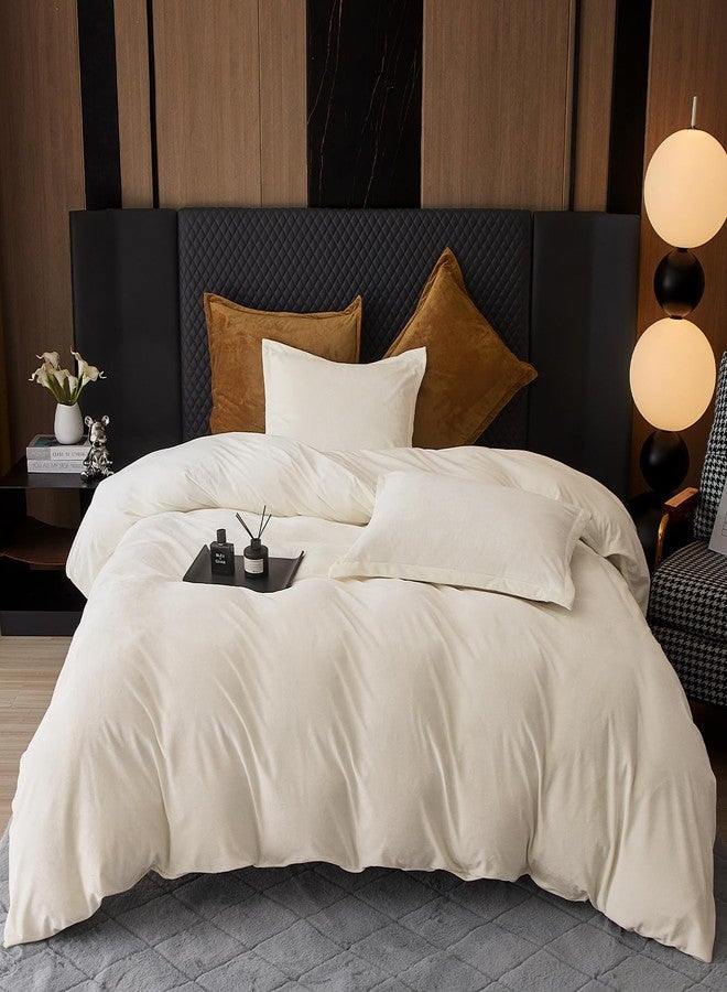 PHF Super Soft Velvet Duvet Cover King Size, 3pcs Luxurious Warm Velour Fluffy Bedding Set with 8 Ties, Cozy Breathable Flannel Comforter Cover with Pillow Shams, Zipper Closure, 104"x90", Cream - Image 1