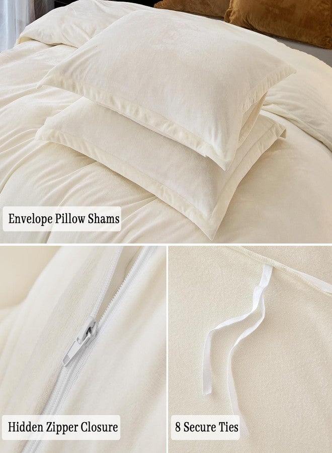 PHF Super Soft Velvet Duvet Cover King Size, 3pcs Luxurious Warm Velour Fluffy Bedding Set with 8 Ties, Cozy Breathable Flannel Comforter Cover with Pillow Shams, Zipper Closure, 104"x90", Cream - Image 4