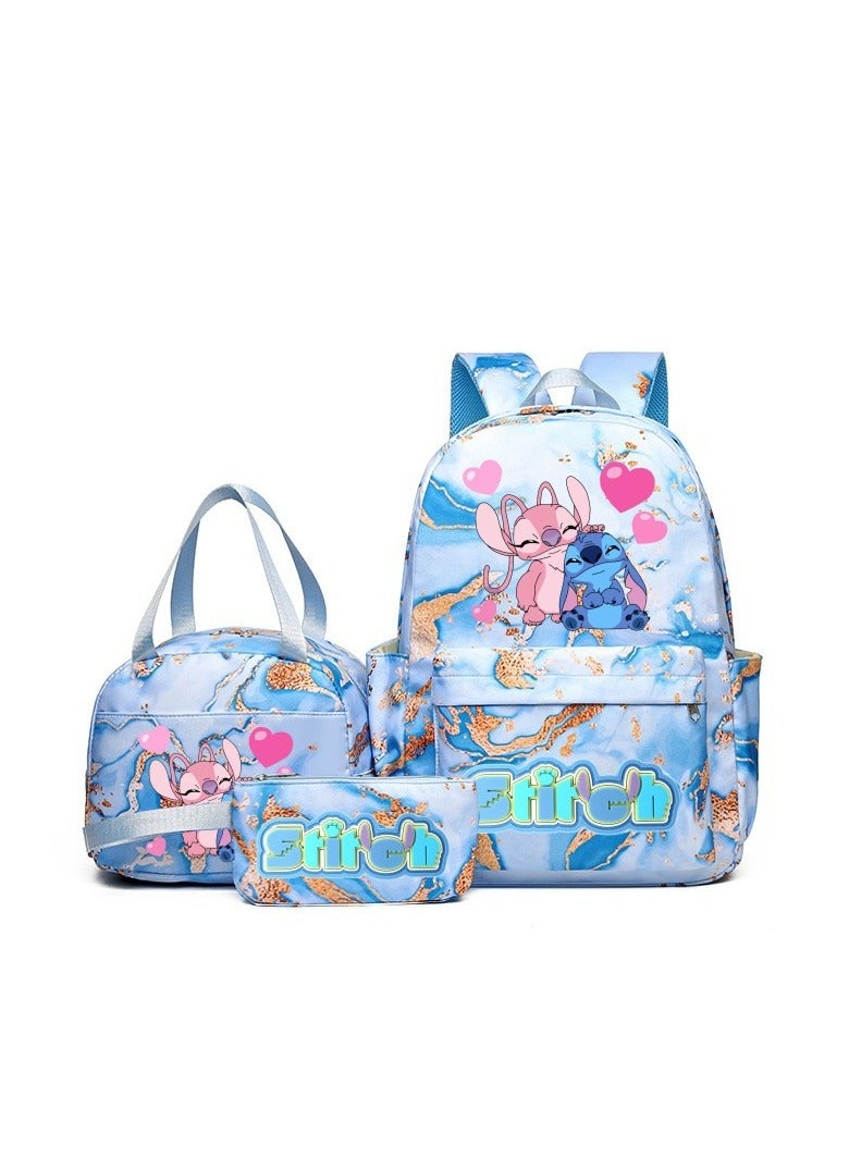 Stitch Golden Quicksand Texture Schoolbag Waterproof Primary and Secondary School Student Backpack Youth Travel Backpack 31*43*15CM + Lunch Bag 27*20*20CM + Pencil Case Three-piece Set