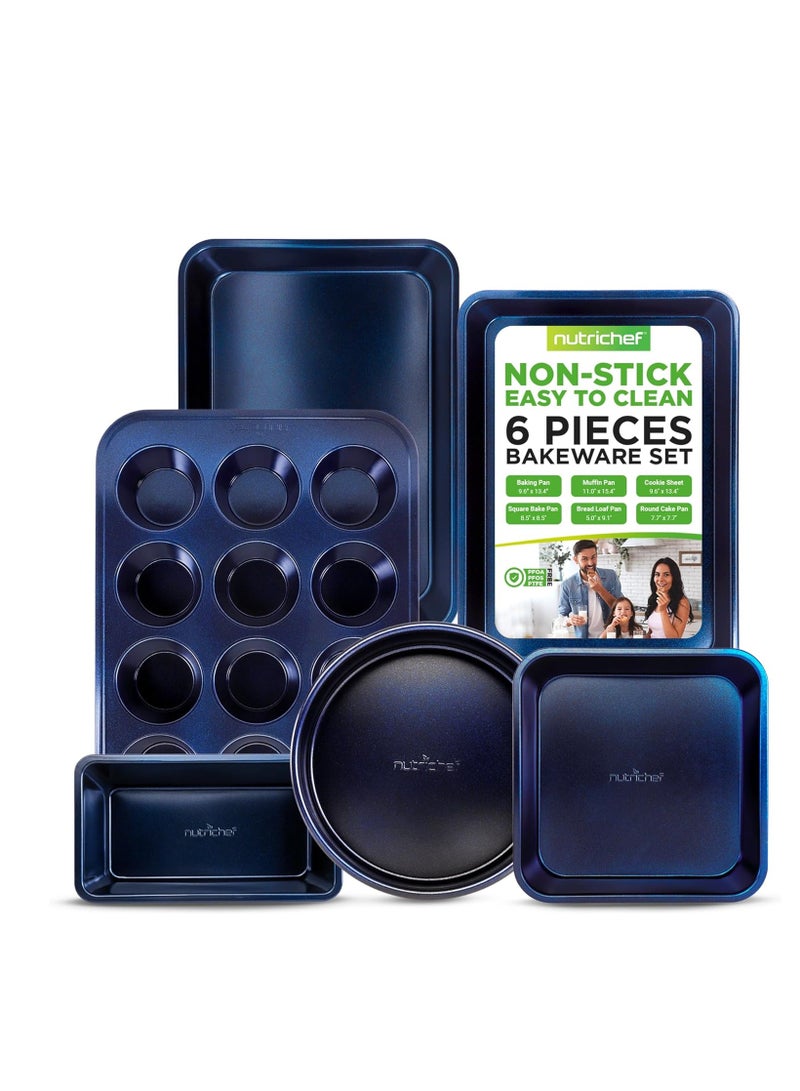 NutriChef 6-Piece Non-Stick Baking Pans - Carbon Steel Baking Trays with Nonstick Coating - Includes Muffin Pan, Loaf Pan, Cookie Sheets, & Round Pan - Restaurant Quality Baking Set, Dishwasher Safe - Image 1
