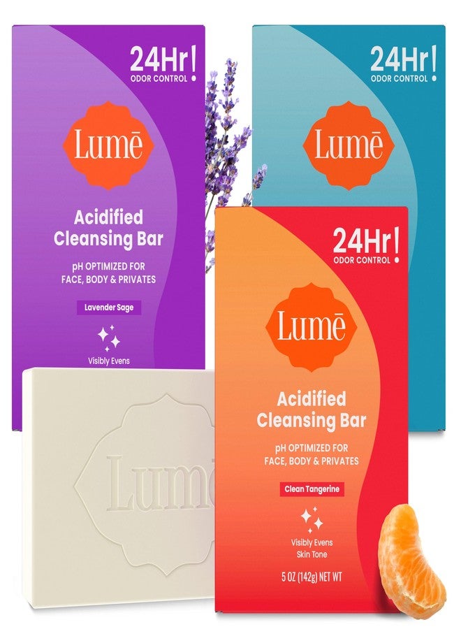 Lume Acidified Body Cleansing Bar - 24 Hour Odor Control - Removes Odor Better Than Soap - Moisturizing - No SLS or Parabens - OB/GYN Developed - 8.5 Ounce, 3 Pack (Tangerine, Lavender, & Unscented) - Image 1