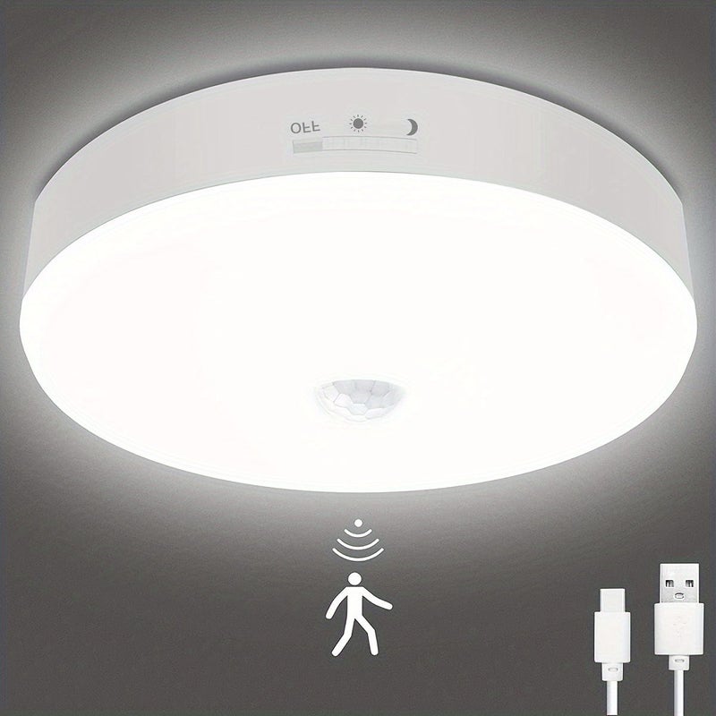 1pc Modern Motion Sensor LED Circular Ceiling Light 300LM High Brightness 7000mAh Rechargeable Battery Operated Wireless Ceiling Light 5000K White Light Day and Night Two Operating Modes Suitable for Entrance Kitchen Stairs Corridor Food Pantry Porch - Image 1