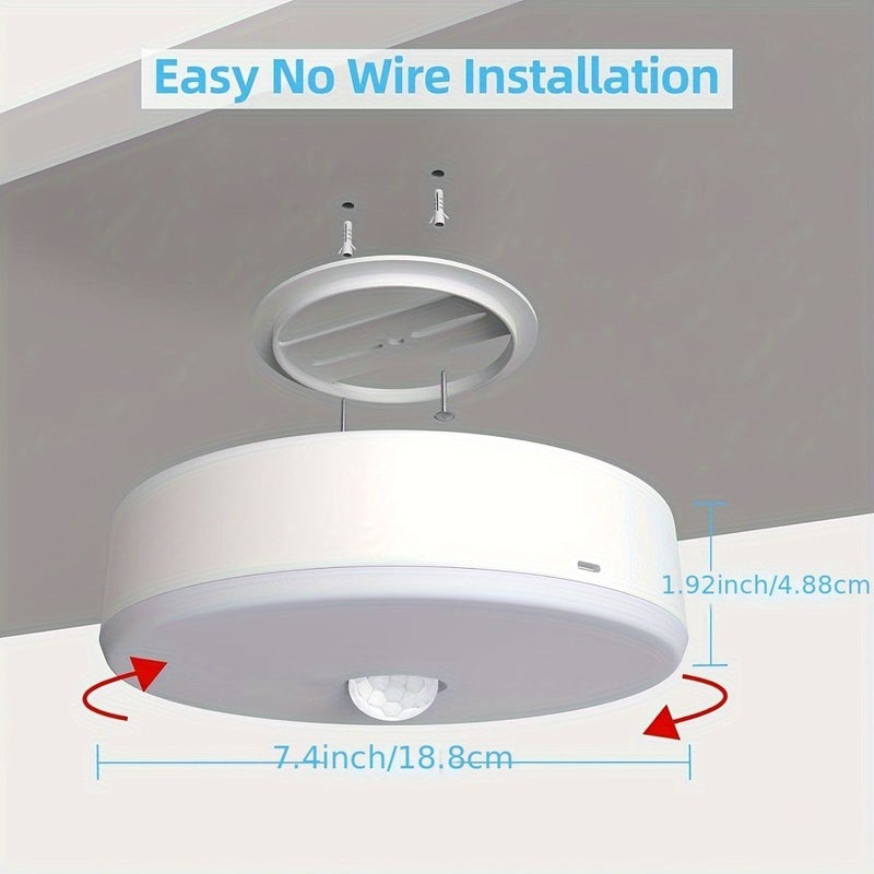 1pc Modern Motion Sensor LED Circular Ceiling Light 300LM High Brightness 7000mAh Rechargeable Battery Operated Wireless Ceiling Light 5000K White Light Day and Night Two Operating Modes Suitable for Entrance Kitchen Stairs Corridor Food Pantry Porch - Image 3