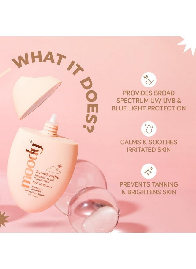 Moody - Sensisoothe Mineral Brightening Sunscreen Serum With Ceramides & Rice | Sunscreen For All Skin Types With Spf 50 Pa++++ | No White Cast, & Non-Comedogenic Sunscreen Dermatologist Tested-50Ml - Image 1