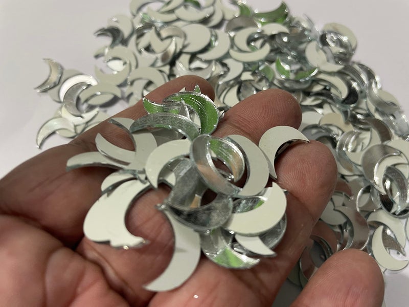 OMX 300 Pc, Moon Shape Mosaic Mirror Pieces for Embroidery & Craft Making, 18.5 mm, Silver, Moon Glass MIRRIOR for Craft, DÉCOR & Embroidery - Image 1