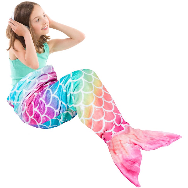 WERNNSAI Mermaid Tail Blanket  Plush Mermaid Wearable Blanket for Girls Kids Teens Rainbow 140cm x 60cm All Seasons Soft Flannel Fleece Snuggle Blanket Mermaid Scale Sleeping Bag