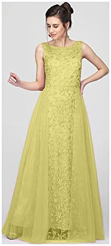 PATLANI Women's Net Embroidery Aline-Flered Gown Dress for Women Full Stitched Gown Ready to wear.(All Over-Musterd-M) Yellow - Image 5