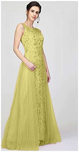 PATLANI Women's Net Embroidery Aline-Flered Gown Dress for Women Full Stitched Gown Ready to wear.(All Over-Musterd-M) Yellow - Image 3