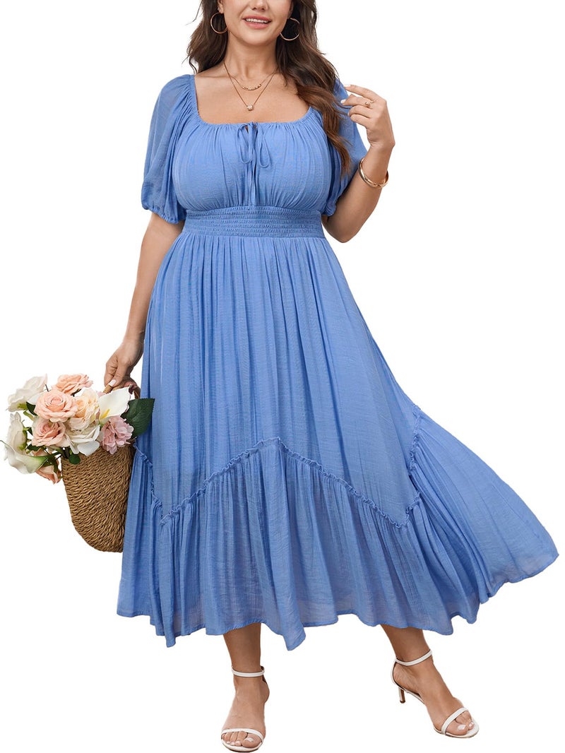 SHESTARR Women's Plus Size Dress Short Sleeve Square Neck Tie Front Ruffle Hem Boho Maxi Milkmaid Dress Sky Blue - Image 1