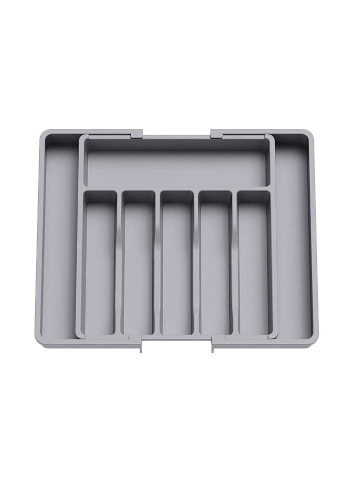 لايفويت منظم أدوات المائدة، صينية أدوات مائدة قابلة للتوسيع للدرج، حامل أدوات مائدة قابل للتعديل، حامل بلاستيكي مضغوط لتخزين الملاعق والشوك والسكاكين، كبير، رمادي - Image 1