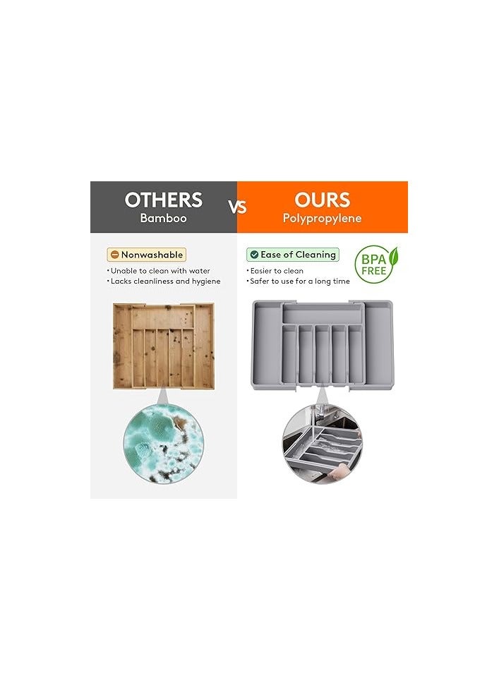 لايفويت منظم أدوات المائدة، صينية أدوات مائدة قابلة للتوسيع للدرج، حامل أدوات مائدة قابل للتعديل، حامل بلاستيكي مضغوط لتخزين الملاعق والشوك والسكاكين، كبير، رمادي - Image 3